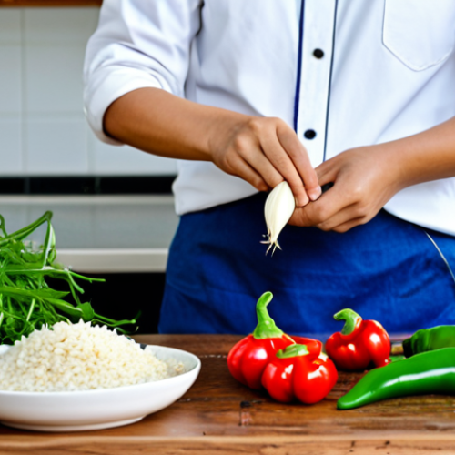 Home 4 **Image Prompt:** A professional Vietnamese gardener, fully clothed in modest, practical attire, meticulously preparing natural organic pest control solutions in a clean, bright kitchen. The focus is on their well-formed hands as they crush garlic and chili peppers, with a bowl of rice water and crushed eggshells visible on a rustic wooden countertop. Fresh garden herbs and vegetables are in the background, implying their source. Professional studio photography, natural light, high quality, perfect anatomy, correct proportions, natural pose, safe for work, appropriate content, fully clothed, professional.