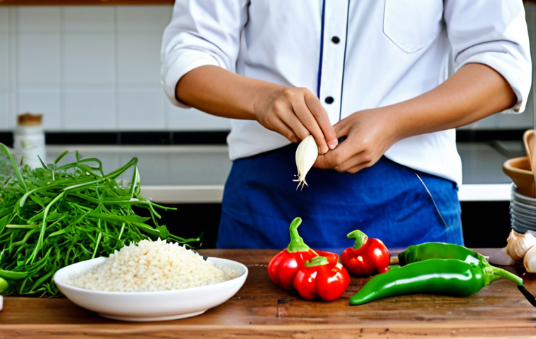 **Image Prompt:** A professional Vietnamese gardener, fully clothed in modest, practical attire, meticulously preparing natural organic pest control solutions in a clean, bright kitchen. The focus is on their well-formed hands as they crush garlic and chili peppers, with a bowl of rice water and crushed eggshells visible on a rustic wooden countertop. Fresh garden herbs and vegetables are in the background, implying their source. Professional studio photography, natural light, high quality, perfect anatomy, correct proportions, natural pose, safe for work, appropriate content, fully clothed, professional.