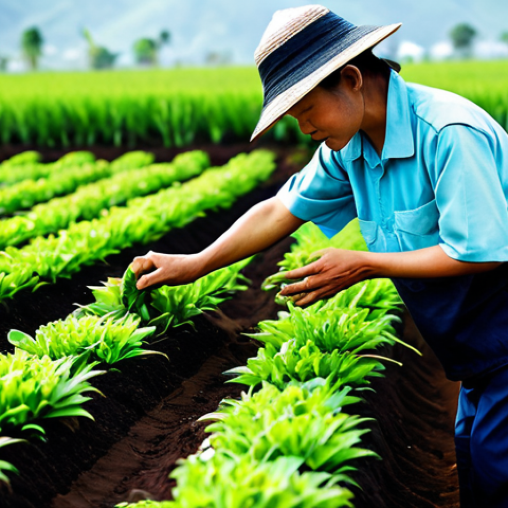 A serene Vietnamese farmer, wearing practical, modest farm attire, gently inspects thriving, vibrant green plants in a lush organic field. Rich, dark, fertile soil is visible, showing signs of life and health. The scene captures the essence of natural pest control and soil rejuvenation on a sunny day. fully clothed, appropriate attire, professional dress, perfect anatomy, correct proportions, natural pose, well-formed hands, proper finger count, natural body proportions, safe for work, appropriate content, family-friendly, professional photography, high quality.