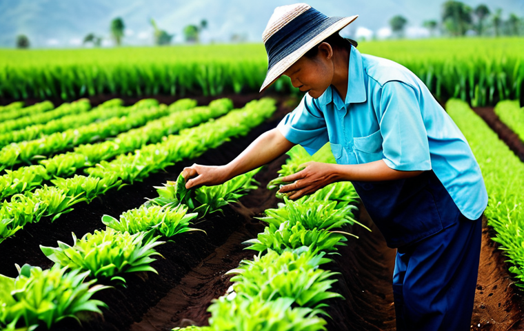 A serene Vietnamese farmer, wearing practical, modest farm attire, gently inspects thriving, vibrant green plants in a lush organic field. Rich, dark, fertile soil is visible, showing signs of life and health. The scene captures the essence of natural pest control and soil rejuvenation on a sunny day. fully clothed, appropriate attire, professional dress, perfect anatomy, correct proportions, natural pose, well-formed hands, proper finger count, natural body proportions, safe for work, appropriate content, family-friendly, professional photography, high quality.