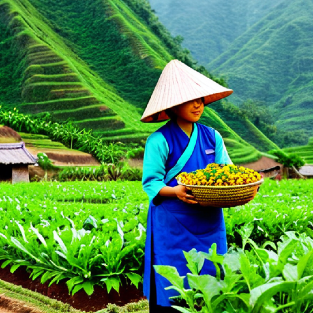 **
A thriving organic vegetable garden in Vietnam, showcasing healthy rows of diverse crops. A local farmer, fully clothed in traditional ao ba ba attire and a nón lá (conical hat), is carefully inspecting the plants. The garden utilizes natural pest control methods like companion planting (e.g., marigolds), with visible insect hotels. Background includes a traditional Vietnamese house and lush green hills. Focus on detail and vibrant colors. Safe for work. Appropriate content. Fully clothed. Professional. Perfect anatomy, correct proportions, natural pose.
**