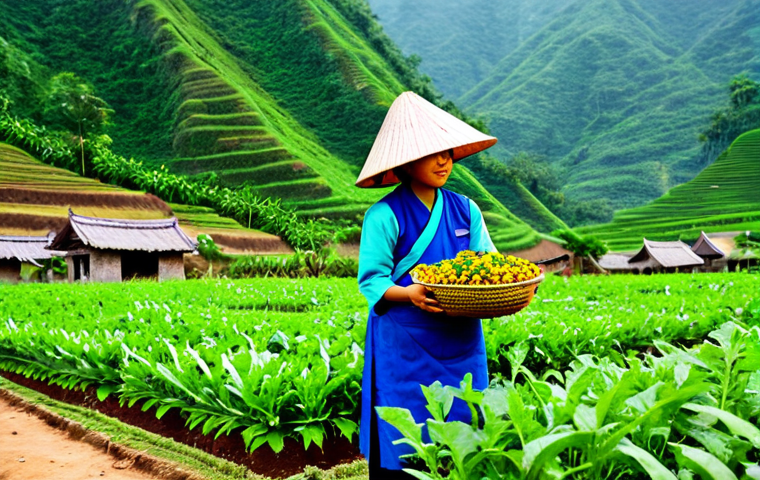 **
A thriving organic vegetable garden in Vietnam, showcasing healthy rows of diverse crops. A local farmer, fully clothed in traditional ao ba ba attire and a nón lá (conical hat), is carefully inspecting the plants. The garden utilizes natural pest control methods like companion planting (e.g., marigolds), with visible insect hotels. Background includes a traditional Vietnamese house and lush green hills. Focus on detail and vibrant colors. Safe for work. Appropriate content. Fully clothed. Professional. Perfect anatomy, correct proportions, natural pose.
**
