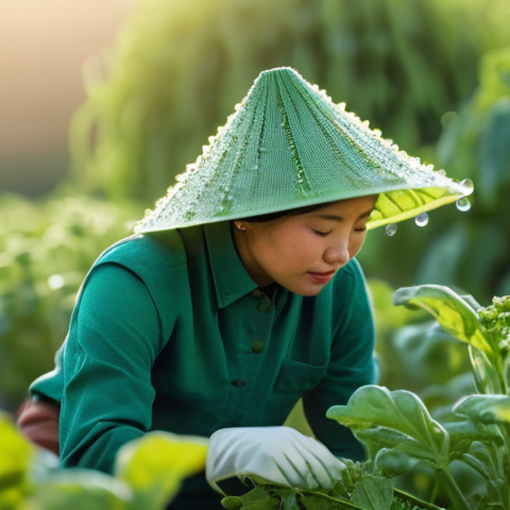 유기농 해충 방제의 생리학적 이해 - **Observing Pests and Trap Cropping:** A Vietnamese female gardener, dressed in a modest long-sleeve...