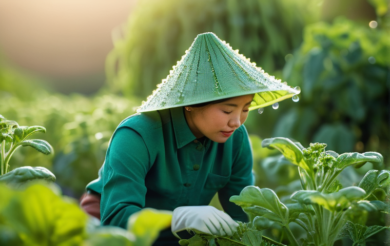 유기농 해충 방제의 생리학적 이해 - **Observing Pests and Trap Cropping:** A Vietnamese female gardener, dressed in a modest long-sleeve...
