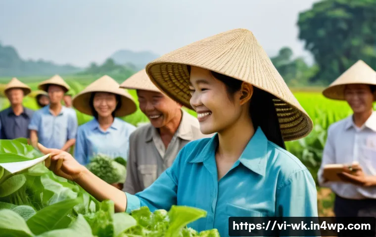 유기농 해충 관리에 대한 정부 지원 정책 - **Prompt**: A vibrant and optimistic scene depicting Vietnamese farmers embracing new government pol...