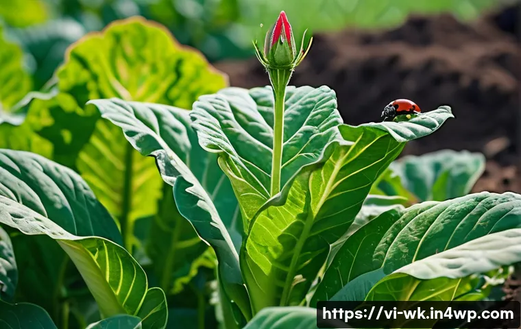 유기농 해충 관리의 핵심 성과 지표 - **A Vietnamese Organic Farmer Observing Natural Pest Control in Action.**
A close-up, highly det...
