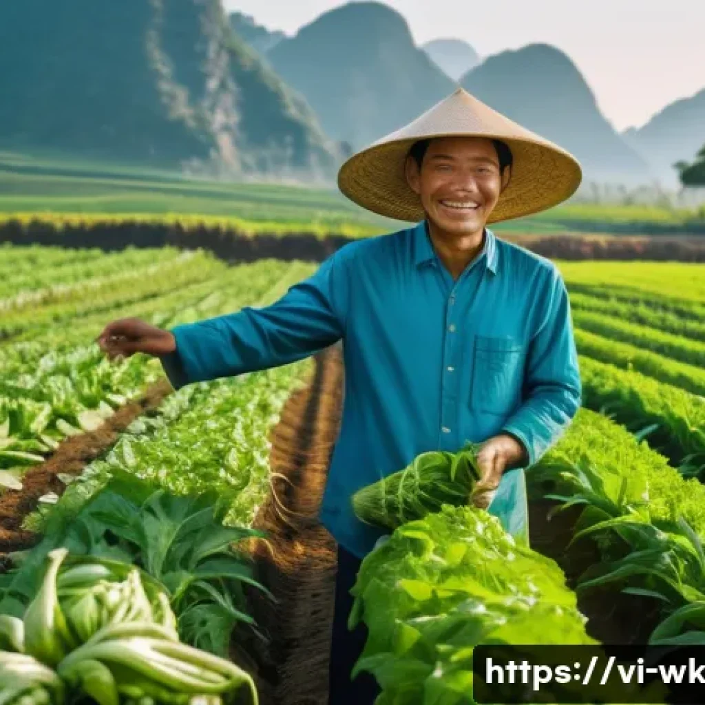 유기농 재배에서의 해충 피해 사례 - A vibrant, expansive organic farm in the Vietnamese countryside under a clear blue sky. Rows of heal...