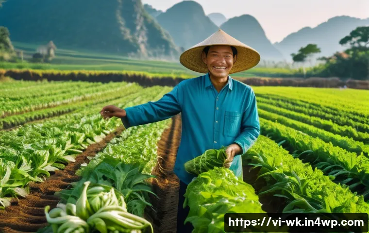 유기농 재배에서의 해충 피해 사례 - A vibrant, expansive organic farm in the Vietnamese countryside under a clear blue sky. Rows of heal...