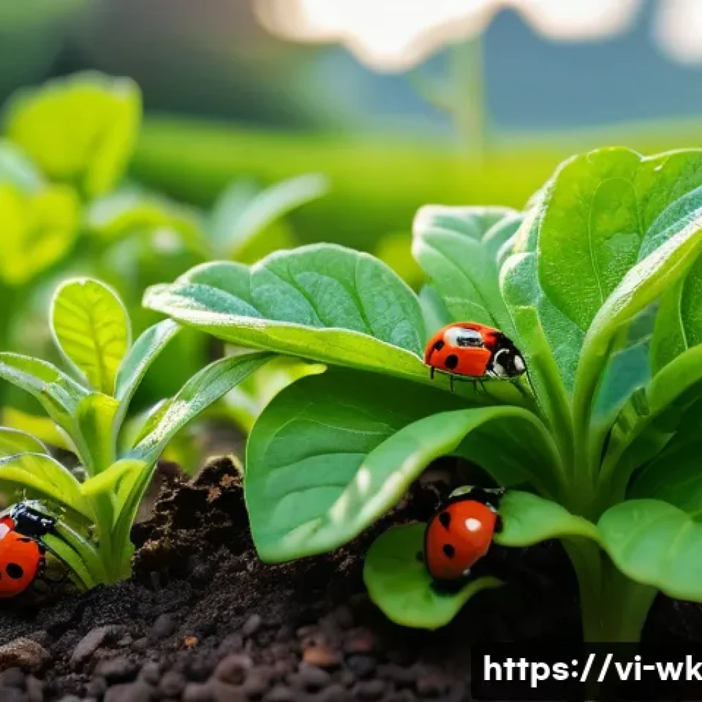 유기농 해충 방제의 생물학적 방법 - A vibrant organic vegetable garden scene in Vietnam during early morning, showing colorful flowering...