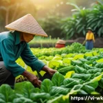 Home 22 유기농 해충 방제의 실천적 전략 - A detailed organic vegetable garden scene in a Vietnamese rural setting during early morning, showin...