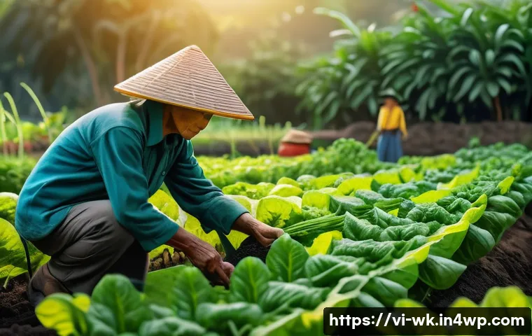 유기농 해충 방제의 실천적 전략 - A detailed organic vegetable garden scene in a Vietnamese rural setting during early morning, showin...