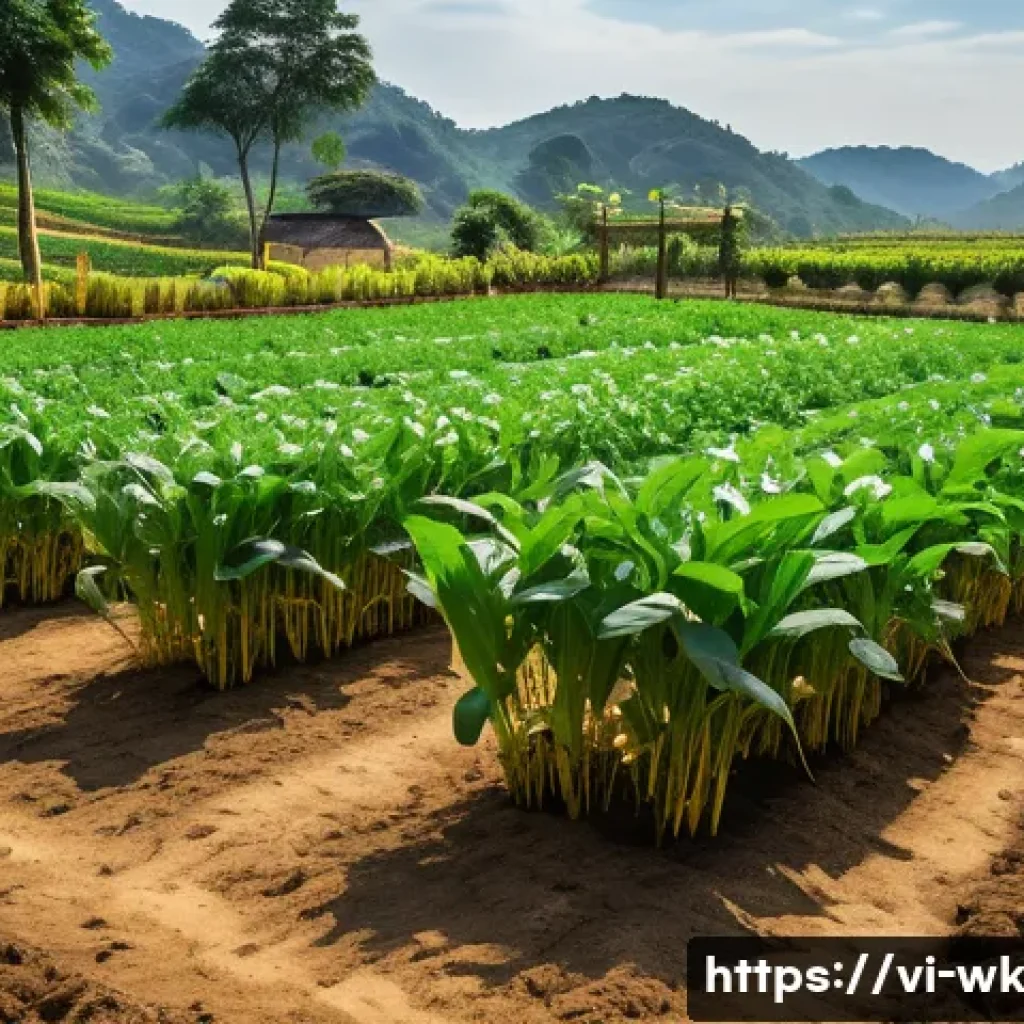 해충 방제를 위한 유기농 기술 동향 - A vibrant organic vegetable garden in a rural Vietnamese setting, showcasing a diverse mix of crops ...