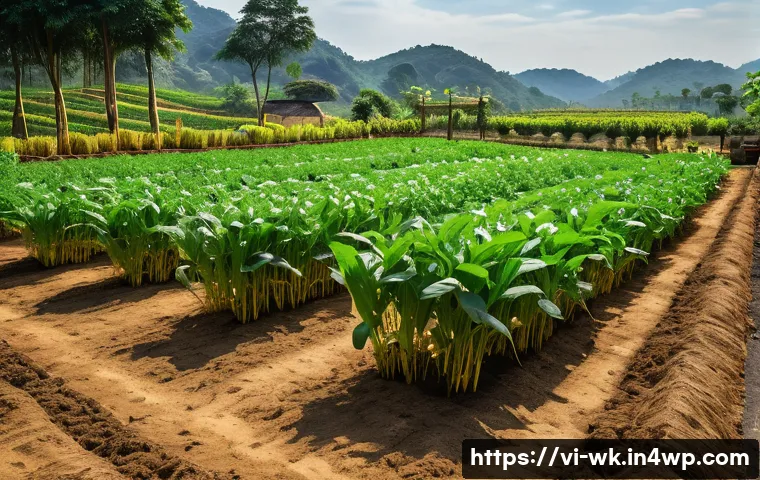 해충 방제를 위한 유기농 기술 동향 - A vibrant organic vegetable garden in a rural Vietnamese setting, showcasing a diverse mix of crops ...