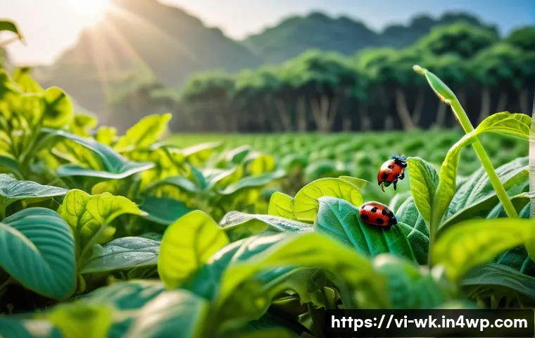 유기농 해충 관리의 성공적인 사례 - A vibrant organic vegetable garden scene in rural Vietnam featuring natural pest control: ladybugs c...