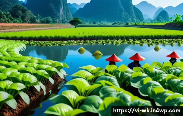 해충 관리에서의 유기농 품질 인증 과정 - A detailed scene of a Vietnamese organic vegetable farm showcasing natural pest management: farmers ...