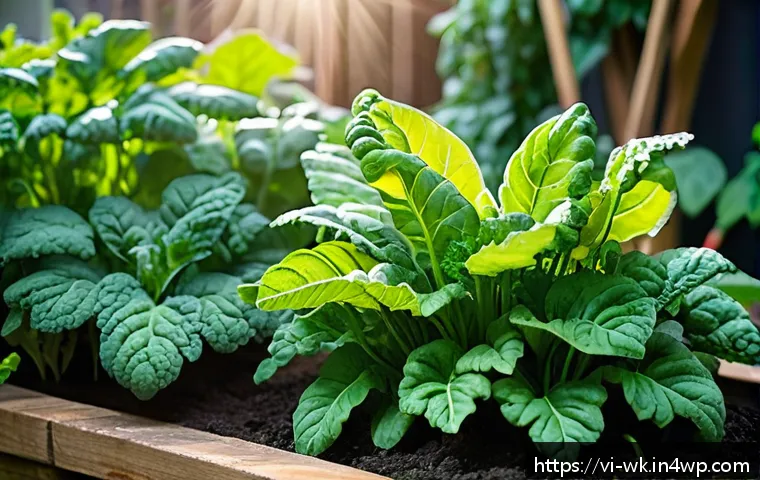 유기농 해충 방제에 사용되는 자연 재료 - A vibrant home garden scene featuring lush green vegetable plants like kale and tomatoes sprayed gen...