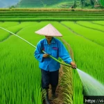 Home 23 해충 관리의 유기농 연구 결과 활용법 - A vibrant Vietnamese rice paddy field during the early growing stage, showing healthy young rice pla...