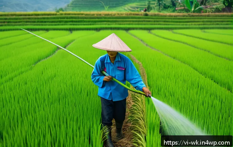 해충 관리의 유기농 연구 결과 활용법 - A vibrant Vietnamese rice paddy field during the early growing stage, showing healthy young rice pla...
