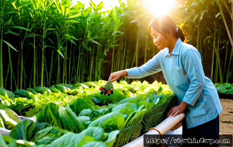 유기농 해충 관리와 지역 경제 활성화 - Photorealistic early morning scene in a lush Vietnamese vegetable garden, a local farmer in practica...